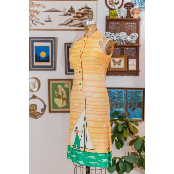 Vintage 60s Sailor Novelty Dress, Yellow Striped Sundress Sailboat Seagulls XS - Picture 5 of 15